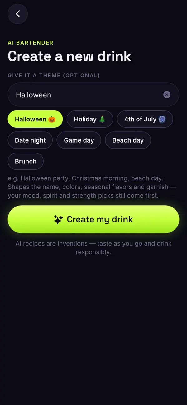 Create a new drink screen with the theme Halloween selected and a Create my drink button.