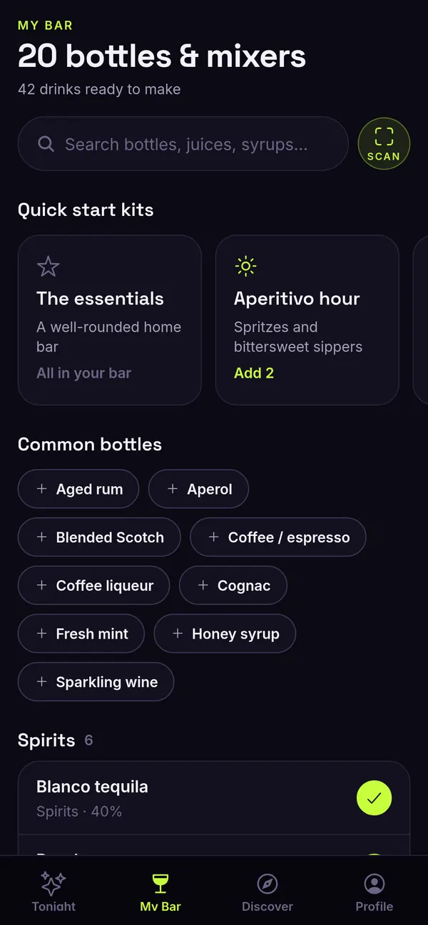 My Bar screen showing 20 bottles and mixers, quick start kits and a Scan button.