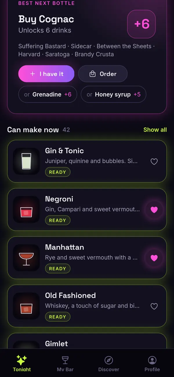 Best next bottle card: Buy Cognac, unlocks 6 drinks, above a list of drinks you can make now.