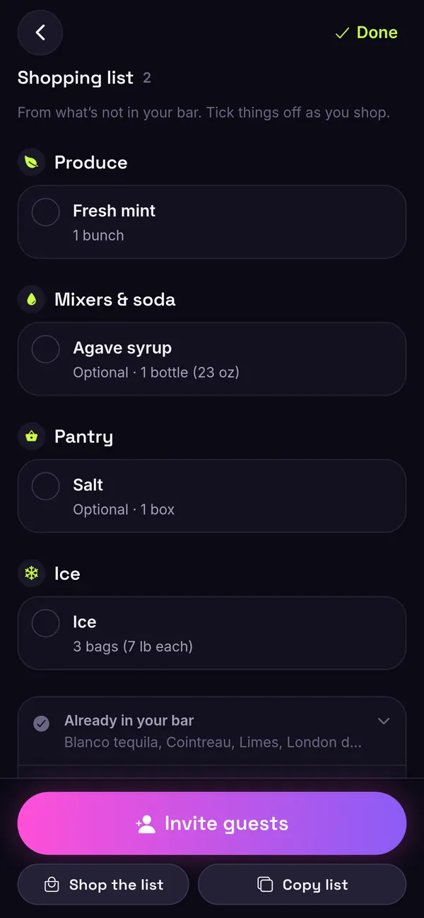 One combined shopping list for the party, grouped into produce, mixers and soda, pantry and ice.