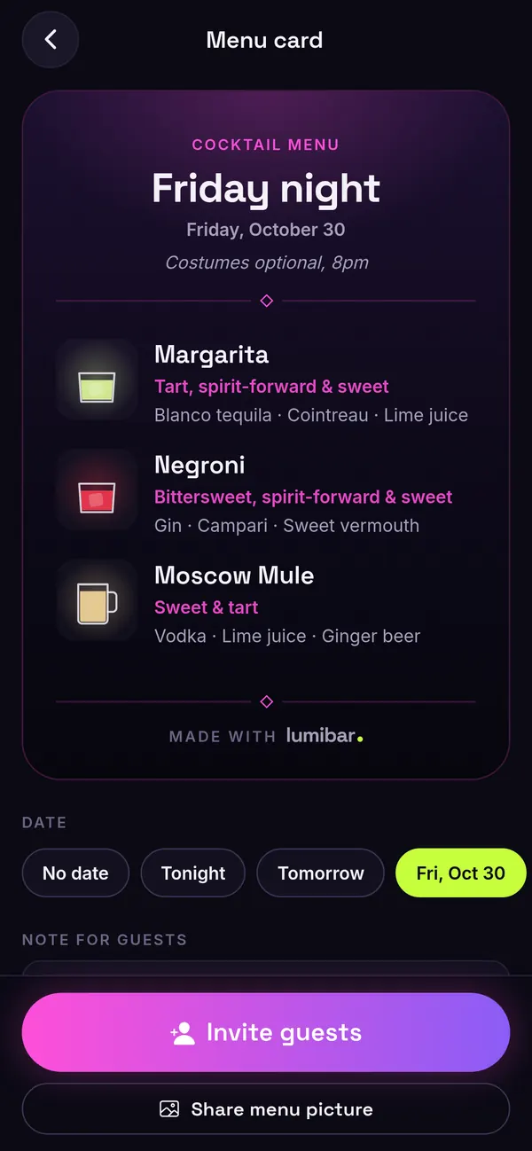 Party menu card for Friday night, Friday October 30: Margarita, Negroni and Moscow Mule.