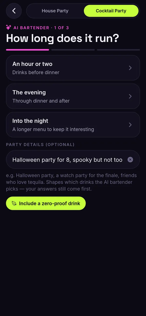 AI party planner: Cocktail party, how long does it run, with party details typed in: Halloween party for 8, spooky but not too sweet.