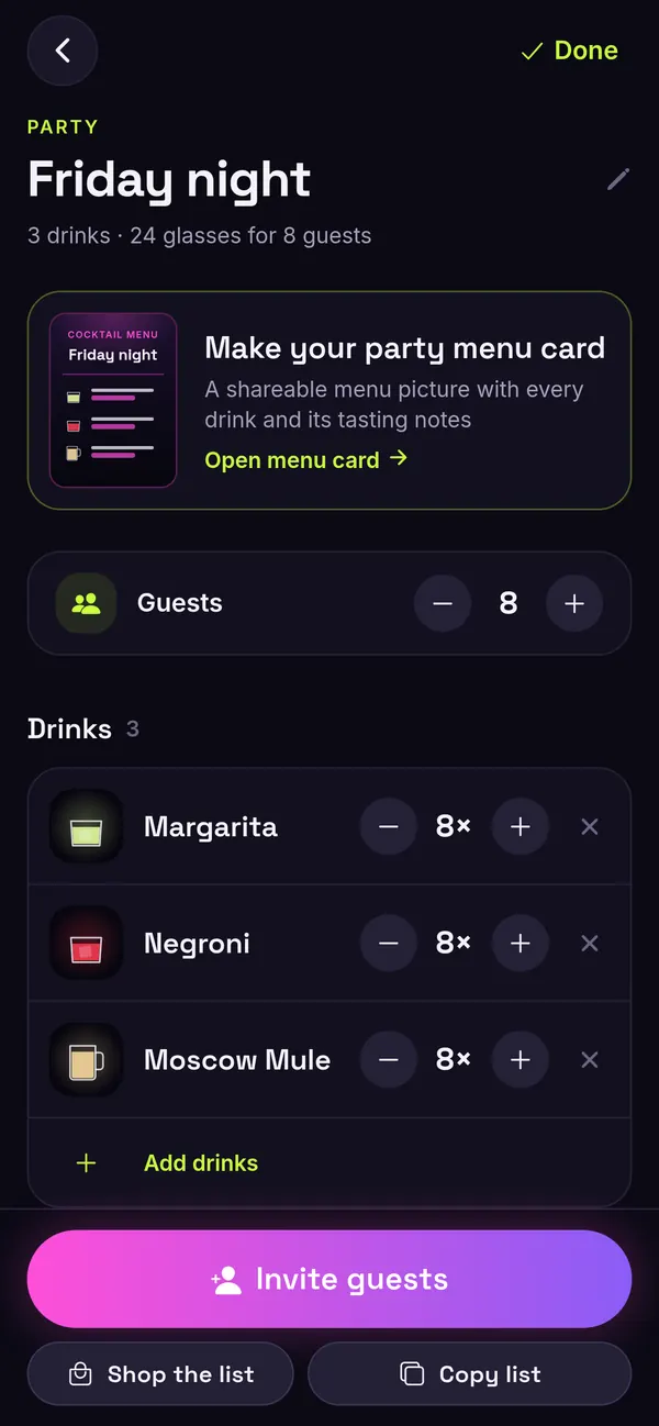 Party screen for Friday night: 8 guests, 3 drinks, and an Invite guests button.