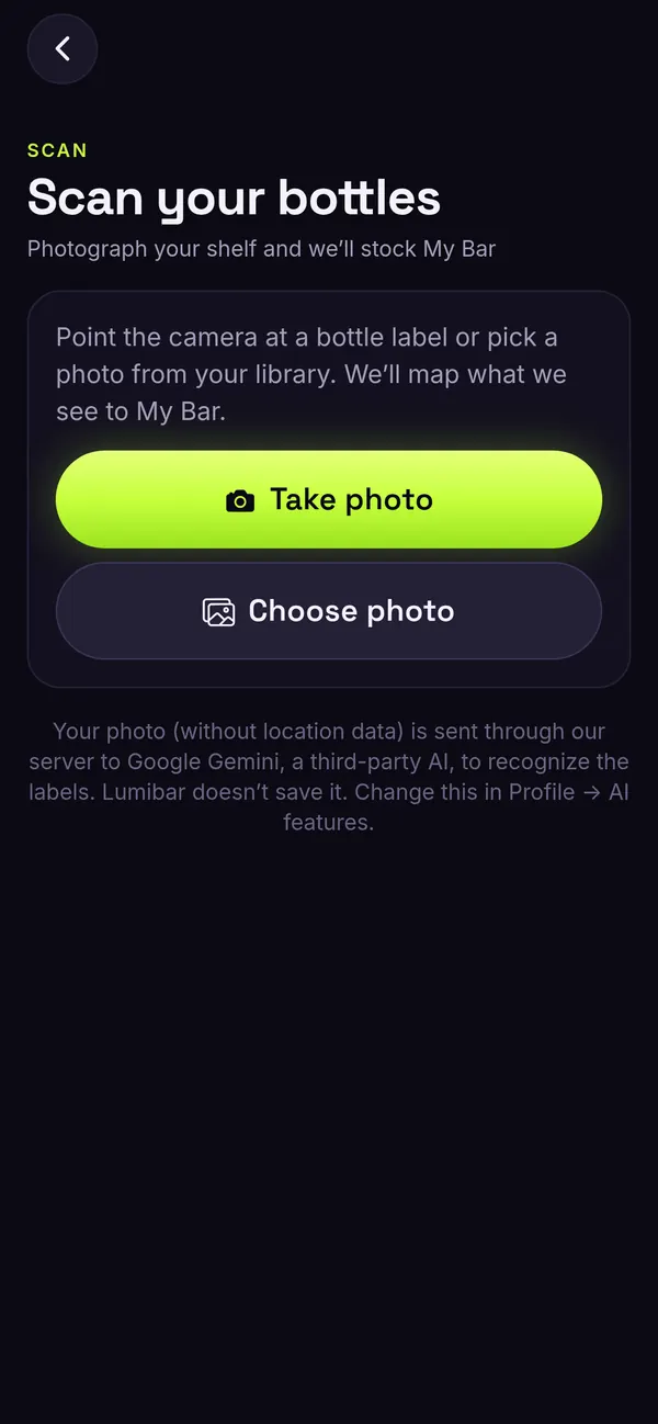 Scan your bottles screen with Take photo and Choose photo buttons.
