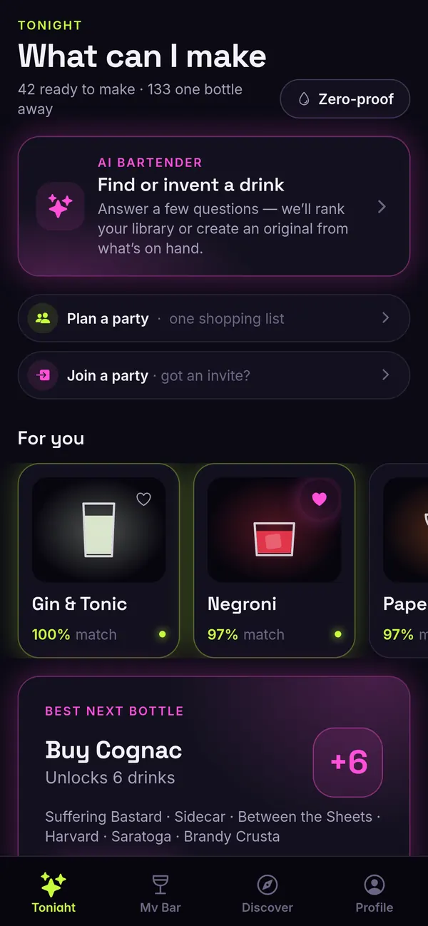 Lumibar Tonight screen: What can I make, with an AI Bartender card, Plan a party, drinks picked for you and the best next bottle to buy.